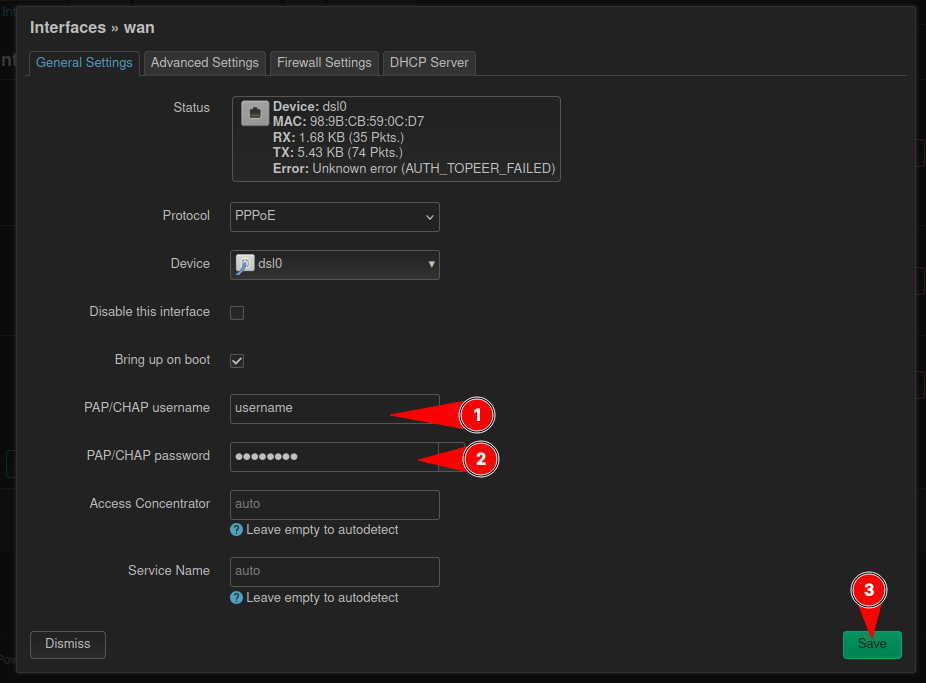 Benutzername und Password vom Provider eintragen